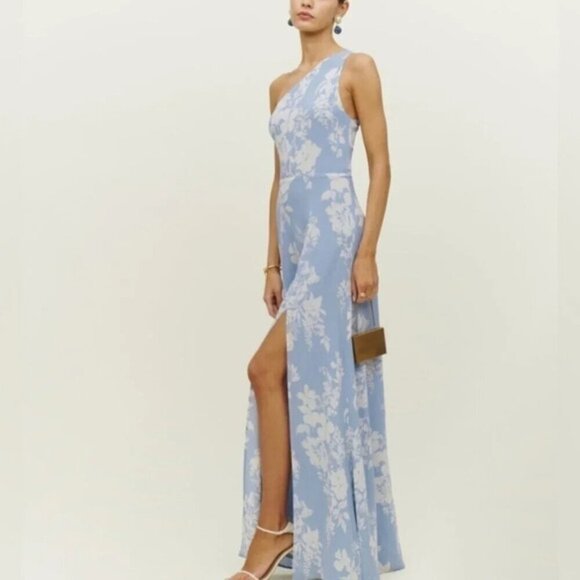 NEW Reformation Evelyn Maxi Dress One Shoulder Side Slit Aliso Blue Floral sz 2 - Picture 1 of 15